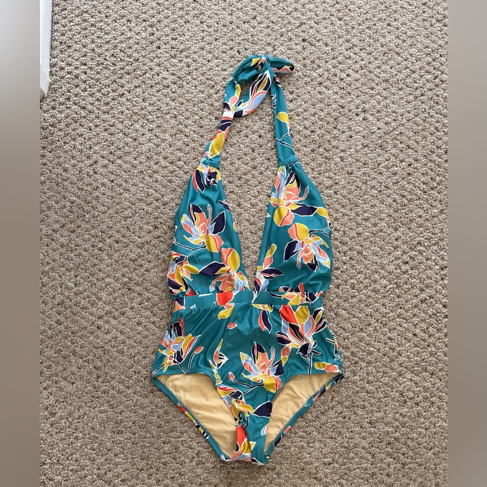 Modcloth Blue and Yellow One Piece Swimsuit with Plunging V-Neck